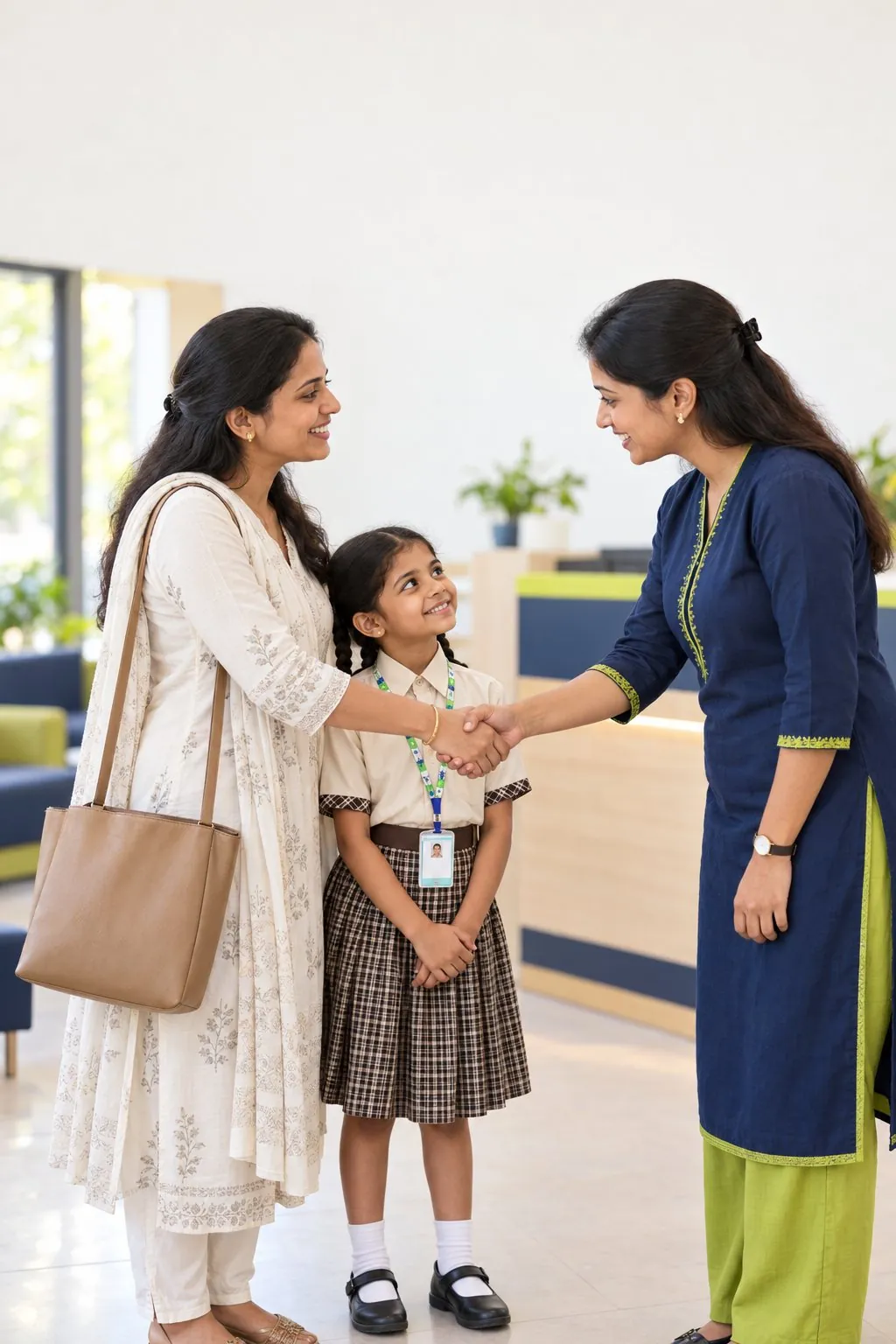 A parent and child being welcomed by a Munchkins teacher